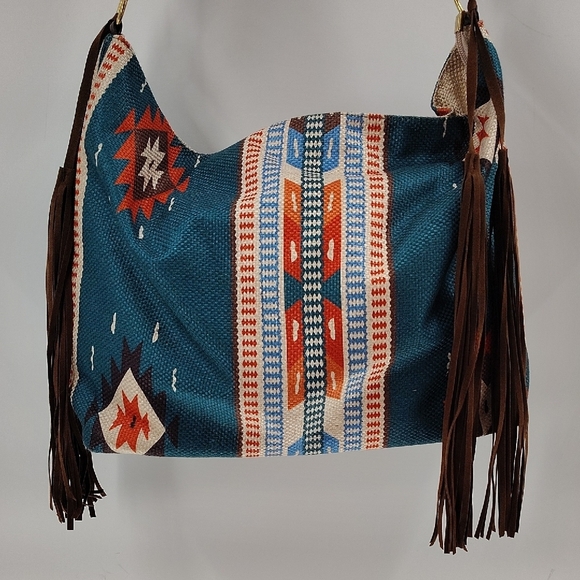 Bohemian Aztec Southwest green multicolor patterned Shoulder Bag with tassel